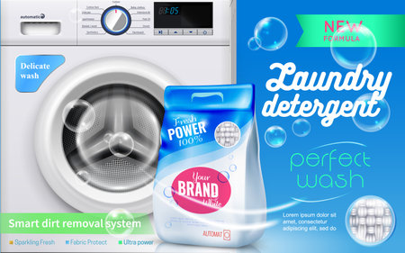Laundry detergent realistic colored banner with perfect wash advertising headlines ribbons and descriptions vector illustrationのイラスト素材