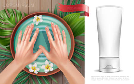 Realistic skincare colorful concept with female hands in bowl with water and plumeria flowers palm leaves mockup of cream cosmetic tube vector illustrationのイラスト素材