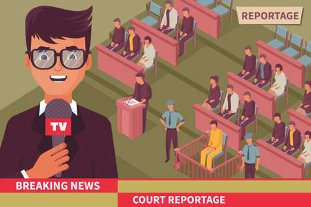 Crime breaking news isometric vector illustration with journalist tv leading reportage from court roomのイラスト素材