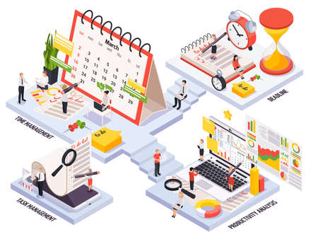 Isometric time management planning schedule icon set with deadline time and task management productivity analysis descriptions vector illustrationのイラスト素材