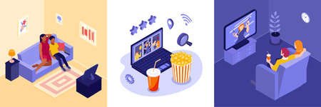 Online cinema design concept with video selection symbols isometric isolated vector illustrationのイラスト素材