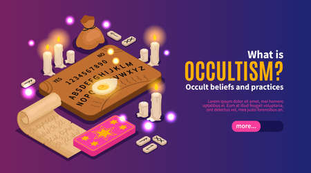 Isometric psychic fortune occult horizontal banner with images of candles ancient script text and more button vector illustrationのイラスト素材