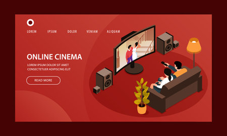 Isometric home online cinema website template design landing page with clickable links and tv set images vector illustrationのイラスト素材