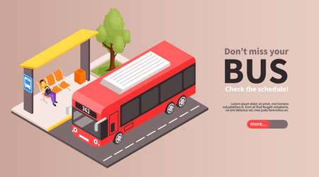 Isometric city public transport stop horizontal banner with editable text slider more button and bus stop vector illustrationのイラスト素材
