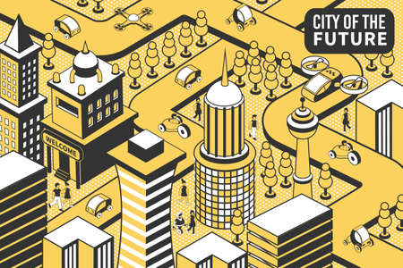 City future isometric composition with editable text and birds eye view of futuristic city with buildings vector illustrationのイラスト素材