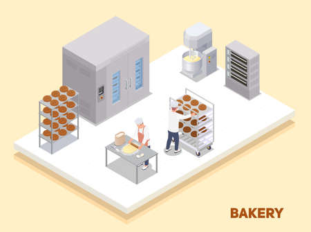 Bakery interior with oven shelves with bread and bakers at work isometric composition 3d vector...