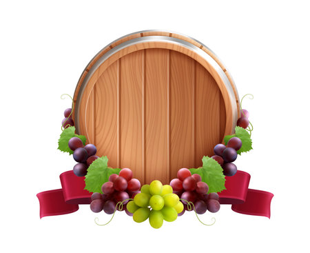 Wooden barrel emblem realistic composition with vine grapes and red ribbon tied round the wine cask vector illustrationのイラスト素材