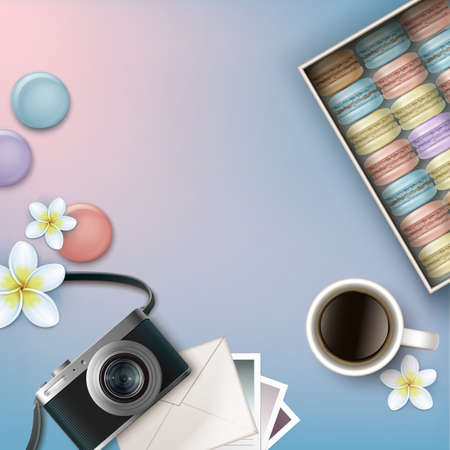 Vector box of colorful french macarons with coffee, plumeria flowers, photo camera, envelope and cards on pink blue background top viewのイラスト素材