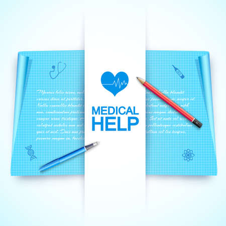 Colorful medical help poster with a big image of heart in the centre, pen and pencil to the left and to the right with text or description on the white background vector illustrationのイラスト素材