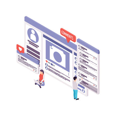 Blogging isometric concept with people reading and posting comments 3d vector illustration
