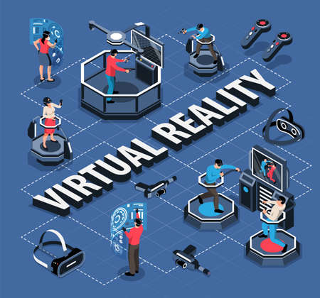 Isometric flowchart with people in virtual reality glasses 3d vector illustrationのイラスト素材