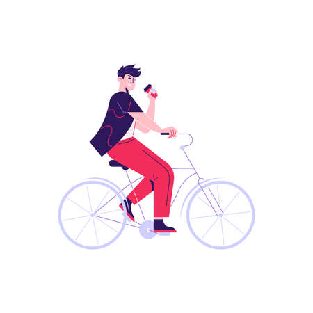 Man woman daily routine composition with character of man riding bicycle with coffee cup vector illustrationのイラスト素材