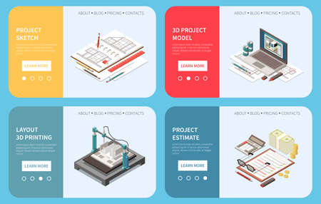Set of four isometric architect horizontal banners with page switches learn more button and workspace elements vector illustrationのイラスト素材