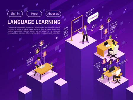 Online language school website isometric landing page with learning french virtual lesson purple background vector illustrationのイラスト素材