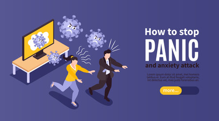 Isometric panic anxiety attack people horizontal banner with human characters slider more button and editable text vector illustrationのイラスト素材