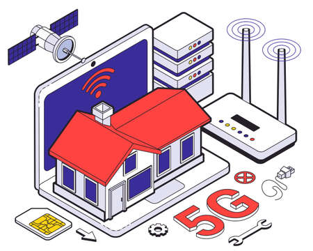 Web hosting isometric five g composition with wireless at home network and cloud services for work vector illustrationのイラスト素材