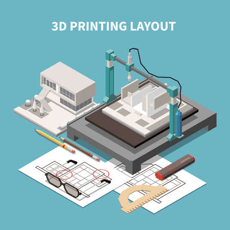 Architect isometric composition with text and images of 3d printing layout with project paperwork...