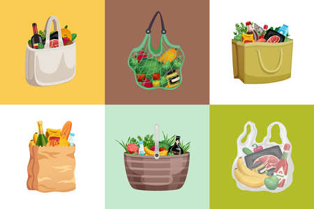 Shopping bag design concept with set of square compositions with paper net bags filled with products vector illustrationのイラスト素材
