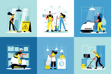 Cleaning service design concept with staff of cleaning company working indoor and outdoor flat vector illustrationのイラスト素材