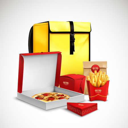Yellow bag food delivery realistic composition with pizza in carton fried potato and bakery in branded packaging vector illustrationのイラスト素材
