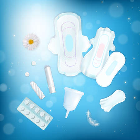 Feminine hygiene concept with towels tampons and cups realistic isolated vector illustrationのイラスト素材