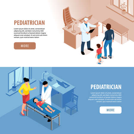 Isometric doctor pediatrician medicine banners with human characters of medical specialists parents and children with text vector illustrationのイラスト素材