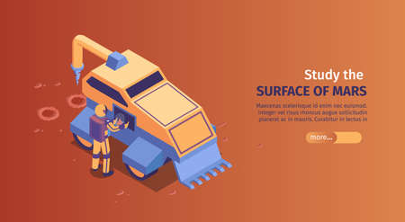 Isometric mars colonization horizontal banner with study the surface of mars headline and more...