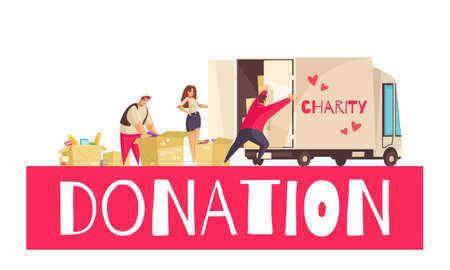 Charity composition with doodle human characters carton boxes filled with goods and cargo truck with text vector illustrationのイラスト素材