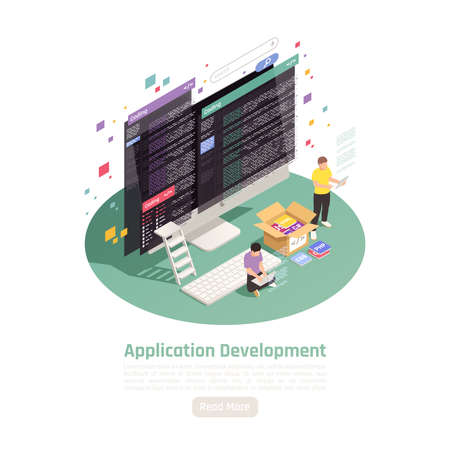 Application development isometric background composition with small people characters computer screens text and read more button vector illustrationのイラスト素材