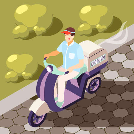 Catering in plane isometric background with motorbike courier vector illustrationのイラスト素材