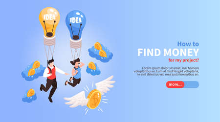 Crowdfunding horizontal isometric website  banner with finding money for projects online options flying coins symbols vector illustrationのイラスト素材
