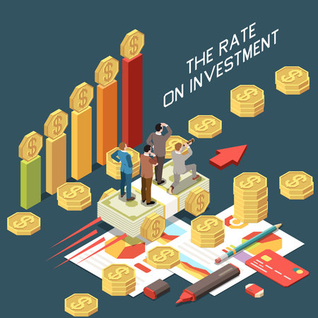 Online trading and investment growth isometric concept with credit card coins and people 3d vector illustrationのイラスト素材