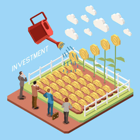Online trading investment growth isometric concept with coins and business people 3d vector illustrationのイラスト素材