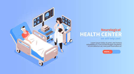 Neurological medial health center home page isometric horizontal web banner with  hospitalized patient doctor equipment vector illustrationのイラスト素材