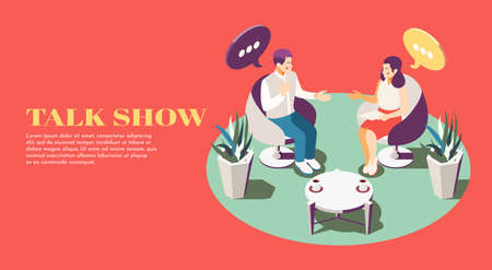Two people at talk show composition on red background 3d isometric vector illustrationのイラスト素材