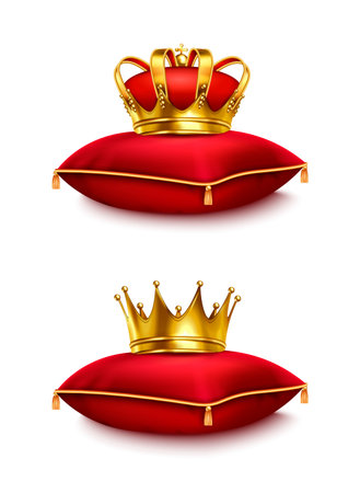 Two golden crowns on red ceremonial pillows isolated on white background realistic vector illustrationのイラスト素材