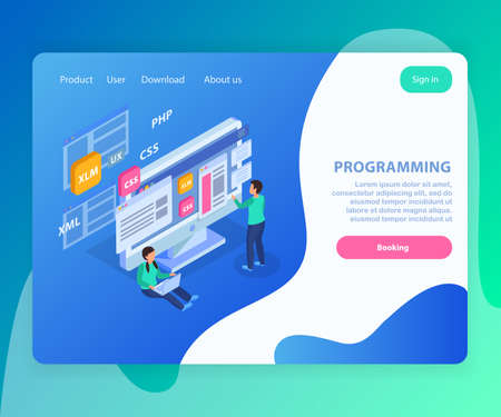 Web development isometric concept landing page with clickable text links buttons and conceptual composition of images vector illustrationのイラスト素材