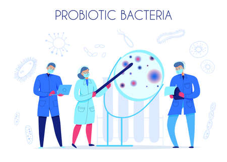 Three scientists investigating probiotic bacteria in science laboratory flat vector illustrationのイラスト素材