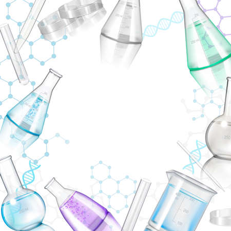 Laboratory glassware realistic background with frame from flasks test tubes and retorts on smooth reflective surface vector Illustrationのイラスト素材
