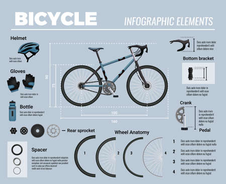 Bicycle parts infographics with realistic images of mtb bike with accessories and editable text tips captions vector illustrationのイラスト素材
