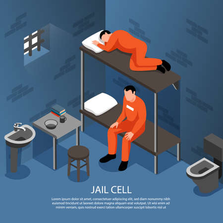 Jail cell interior background with metal bars on window toilet bowl sink and  two inmates on bunk bed isometric vector illustrationのイラスト素材