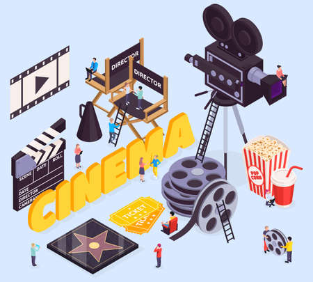 Isometric cinema composition with text and movie making tools directors chairs reel and camera with people vector illustrationのイラスト素材