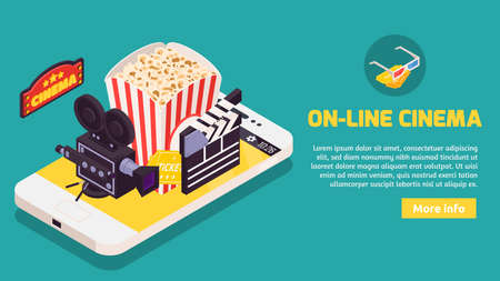 Isometric cinema horizontal banner with conceptual images of smartphone camera and popcorn with text and button vector illustrationのイラスト素材