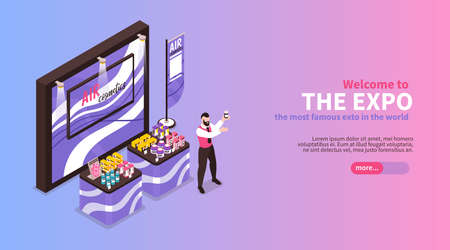 Isometric expo stand horizontal banner with slider button editable text and exhibition booth for cosmetic products vector illustrationのイラスト素材
