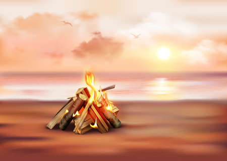Evening marine landscape at sunset realistic composition with bonfire on sandy shore vector illustrationのイラスト素材