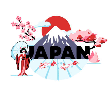 Japan cartoon composition representing national culture and traditions of rising sun country vector illustrationのイラスト素材