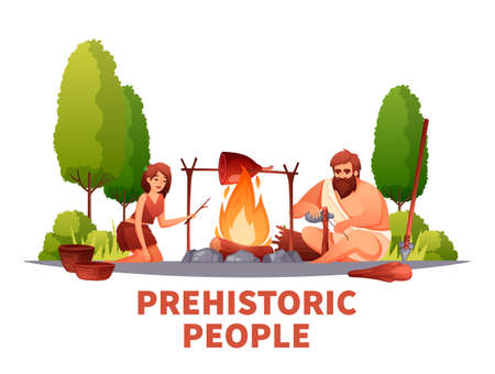 Prehistoric people caveman flat composition with stone age couple cooking meat over open fire outdoor vector illustrationのイラスト素材
