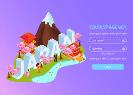 Japan asia custom journey creator tourists guide online travel agency isometric landing web page design vector illustrationのイラスト素材