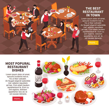 Set of two horizontal isometric restaurant banners with more button editable text and images of dishes vector illustrationのイラスト素材