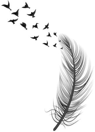 Realistic feather bird illustration abstract concept with big feather and flock of birds on top vector illustrationのイラスト素材